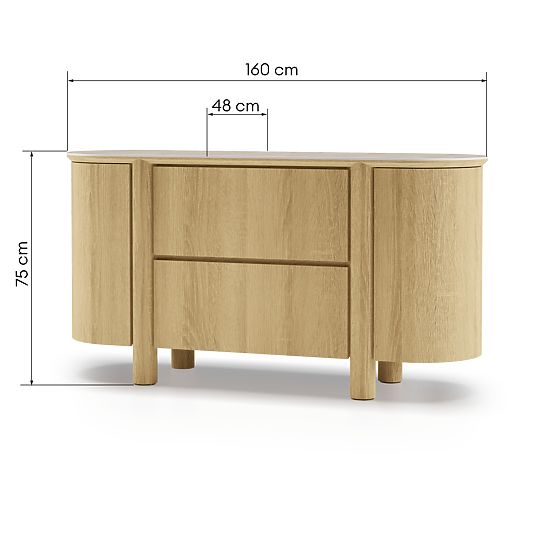 Credenza a due ante con cassetti Segretto, arrotondata, rovere naturale, travertino