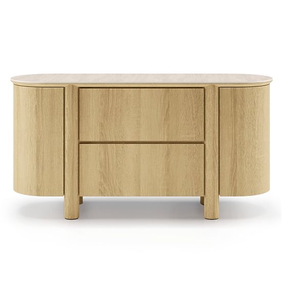 Credenza a due ante con cassetti Segretto, arrotondata, rovere naturale, travertino
