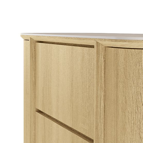 Credenza a due ante con cassetti Segretto, arrotondata, rovere naturale, travertino