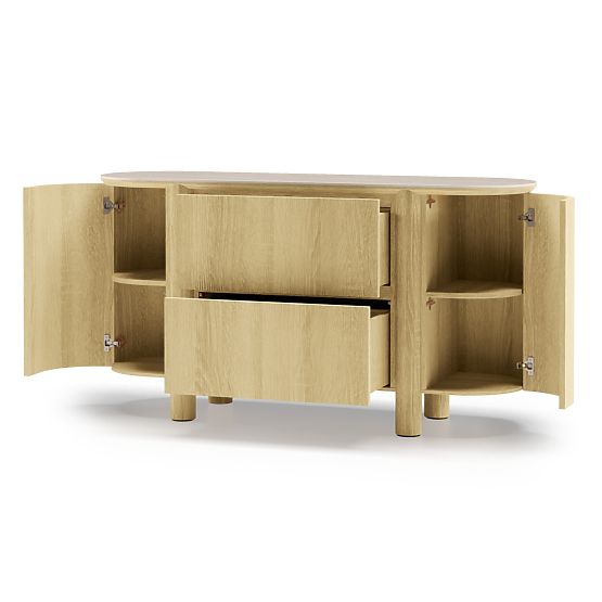 Credenza a due ante con cassetti Segretto, arrotondata, rovere naturale, travertino