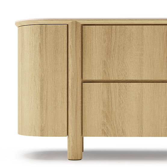 Credenza a due ante con cassetti Segretto, arrotondata, rovere naturale, travertino