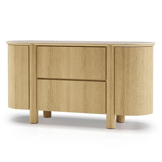 Credenza a due ante con cassetti Segretto, arrotondata, rovere naturale, travertino