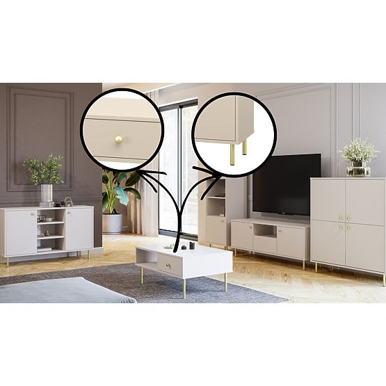 Credenza a due ante Venus, cashmere, gambe in metallo dorato