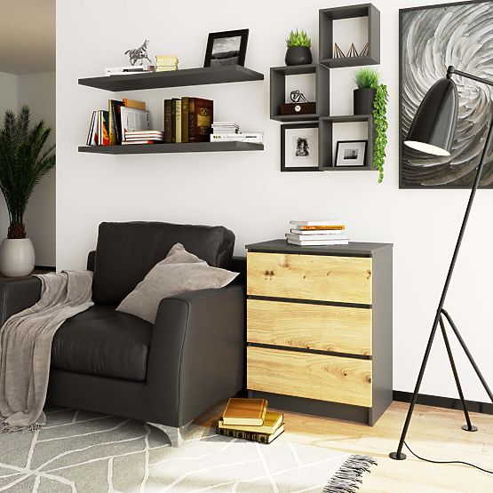 CREDENZA K60 3 CASSETTI CLP GRAFITE GRIGIO / ROVERE ARTIGIANO