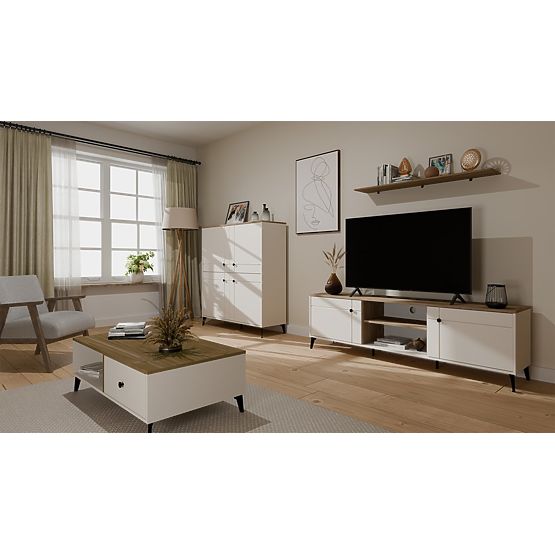 Credenza POINT 4D Cashmere Beige Rovere Castello Armadietto 4 Ante 8 Ripiani per Soggiorno