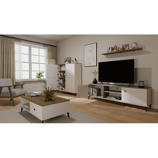 Credenza POINT 4D Cashmere Beige Rovere Castello Armadietto 4 Ante 8 Ripiani per Soggiorno