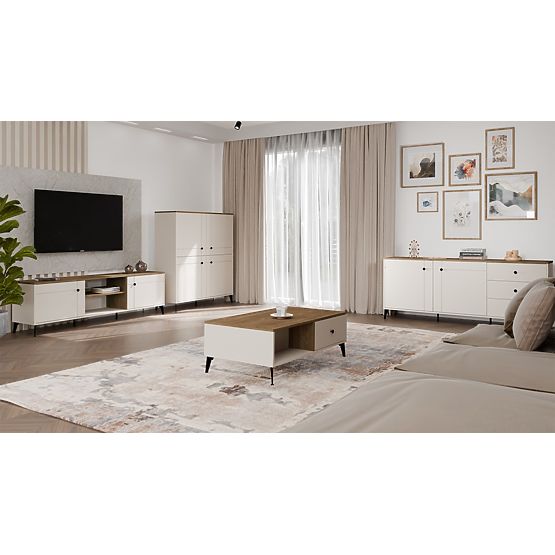 Credenza POINT 4D Cashmere Beige Rovere Castello Armadietto 4 Ante 8 Ripiani per Soggiorno