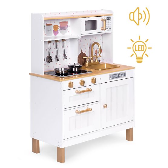Cucina per bambini con suoni e LED, grande, in legno, armadietti apribili, 7 accessori ECOTOYS