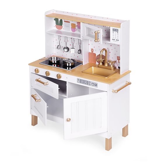 Cucina per bambini con suoni e LED, grande, in legno, armadietti apribili, 7 accessori ECOTOYS