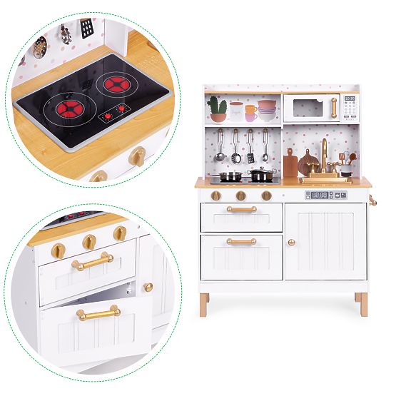 Cucina per bambini con suoni e LED, grande, in legno, armadietti apribili, 7 accessori ECOTOYS