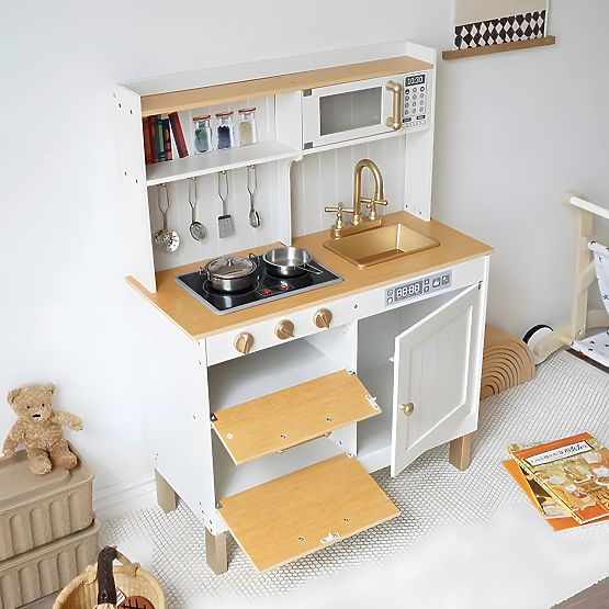 Cucina per bambini con suoni e LED, grande, in legno, armadietti apribili, 7 accessori ECOTOYS