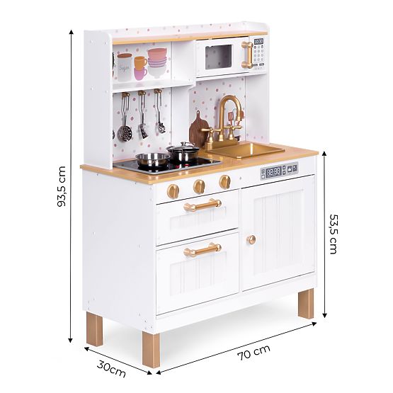 Cucina per bambini con suoni e LED, grande, in legno, armadietti apribili, 7 accessori ECOTOYS
