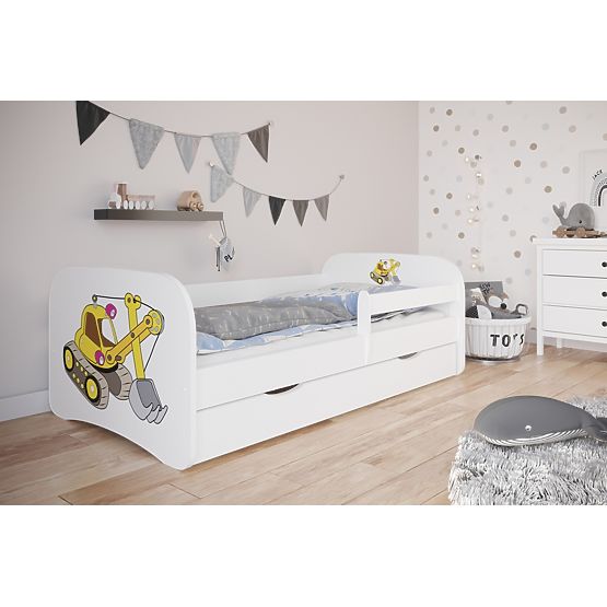 Letto per bambini con barriera Ourbaby - escavatore - bianco