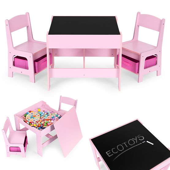Set di mobili per bambini tavolo + 2 sedie lavagna rosa ECOTOYS