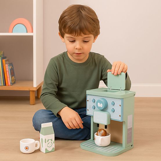 Macchina da caffè in legno per bambini set barista 8 pezzi ECOTOYS
