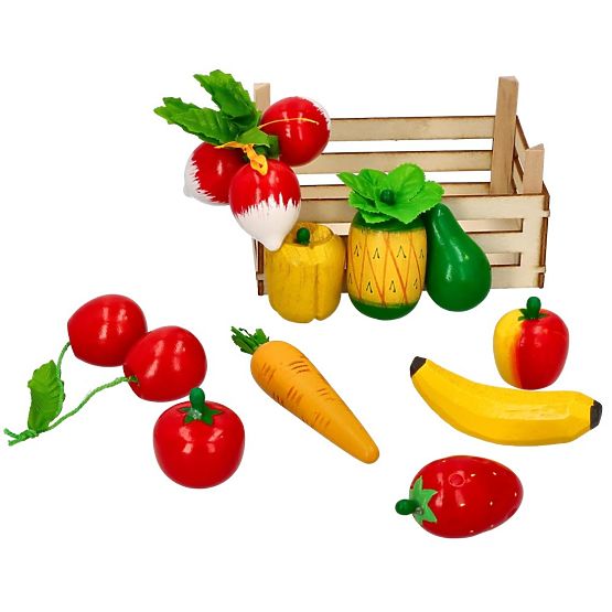 Frutta e verdura in legno nella cassetta