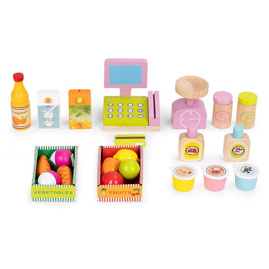 Grande bancarella in legno per bambini negozio con terminale e bilancia frutta verdura 20 elementi E