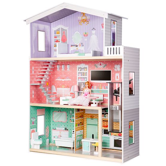 Grande casa delle bambole in legno con ascensore e mobili ECOTOYS