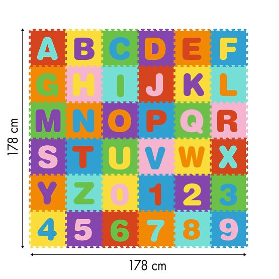 Grande tappetino in schiuma EVA per bambini lettere e numeri 178x178 cm 36 pezzi ECOTOYS