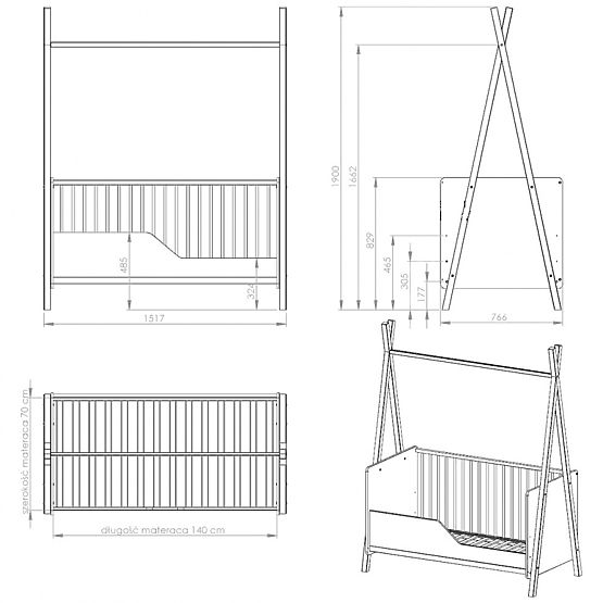 Lettino bimbo Teepee 140x70 cm (L) - bianco / naturale