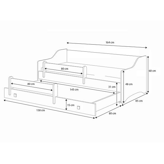 Letto matrimoniale ERYK con cassetto e barriera 160x80 maniglia nera