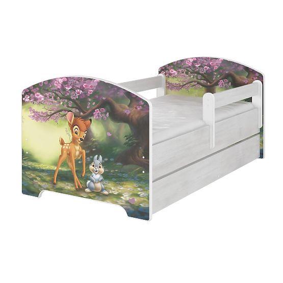 Letto per bambini con barriera di sicurezza - cerbiatto Bambi - decorazione pino norvegese