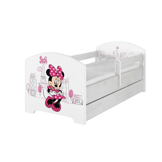 Letto per bambini con barriera - Minnie Mouse a Parigi - impiallacciatura in pino norvegese