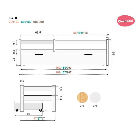 Letto per bambini Paul con barriera - bianco