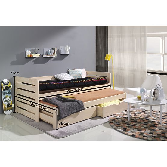 Letto per bambini con letto estraibile e barriera Praktik - naturale