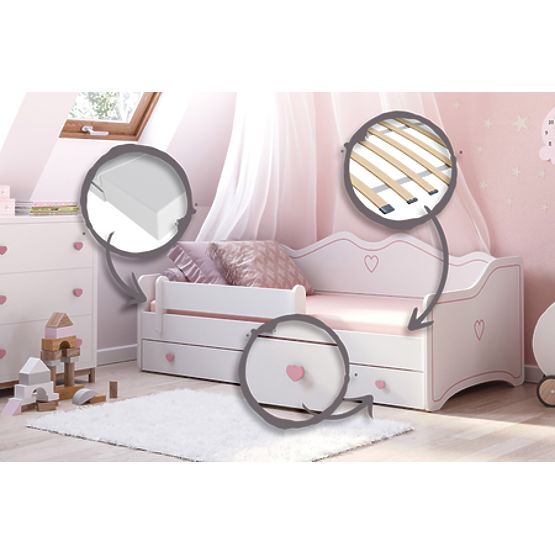 Letto per bambini EMMA con cassetto e barriera 140x70 rosa