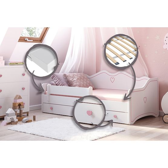 Letto per bambini EMMA con cassetto e barriera 180x80 rosa