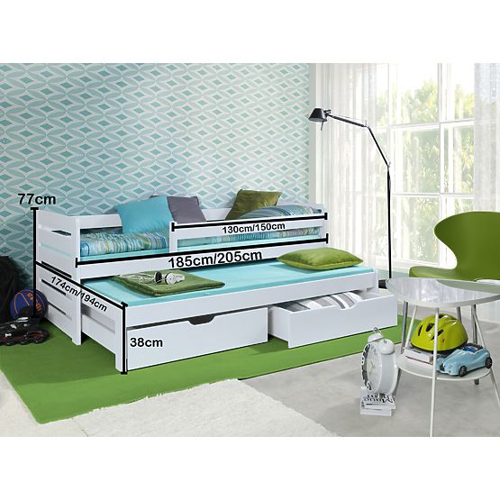Letto per bambini con letto estraibile e barriera Praktik - Bianco