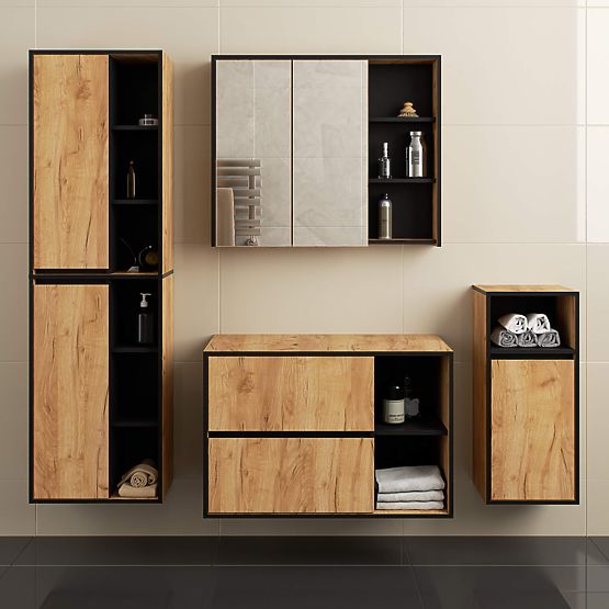 MOBILETTO DA BAGNO SOTTO LAVABO CON FORI VAMI W90 UM 2SZ 2P ROVERE CRAFT / NERO