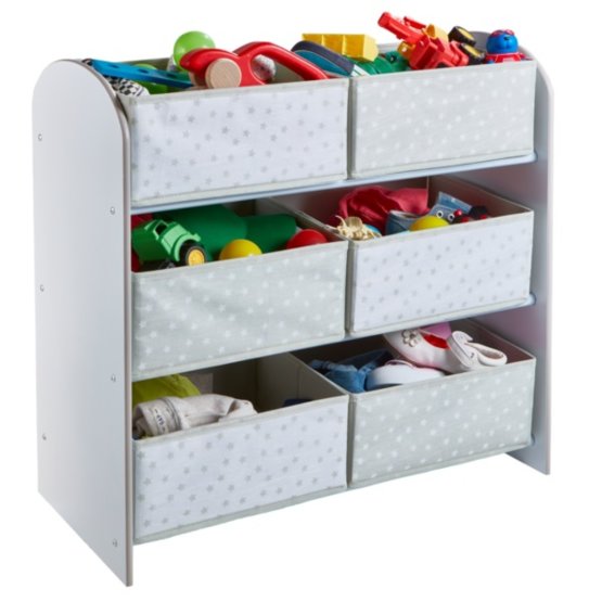Organizzatore per giocattoli con scatole grigie e bianche