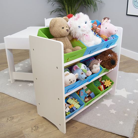 Organizzatore per giocattoli Ourbaby con scatole blu e verdi