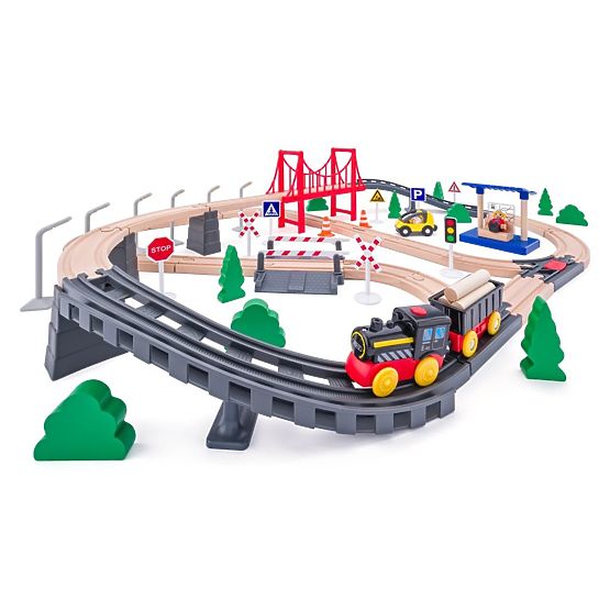 Pista di legno con locomotiva a batteria, 80 pezzi