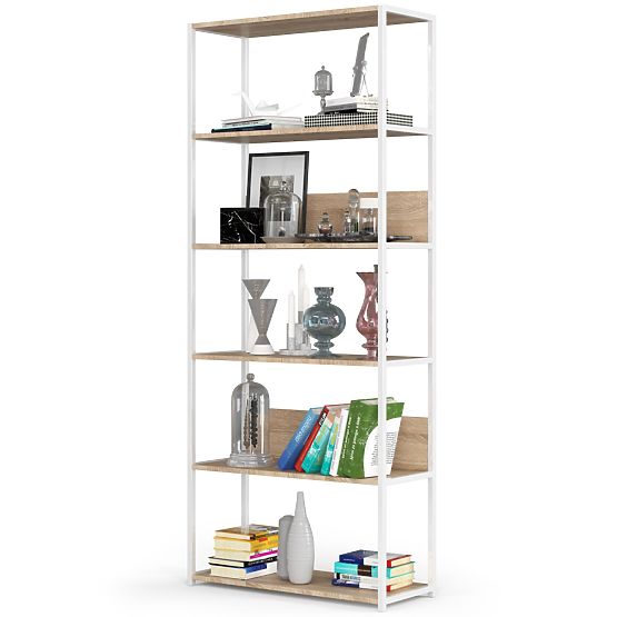 Scaffale loft in metallo 80 cm - bianco-rovere sonoma - 6 ripiani