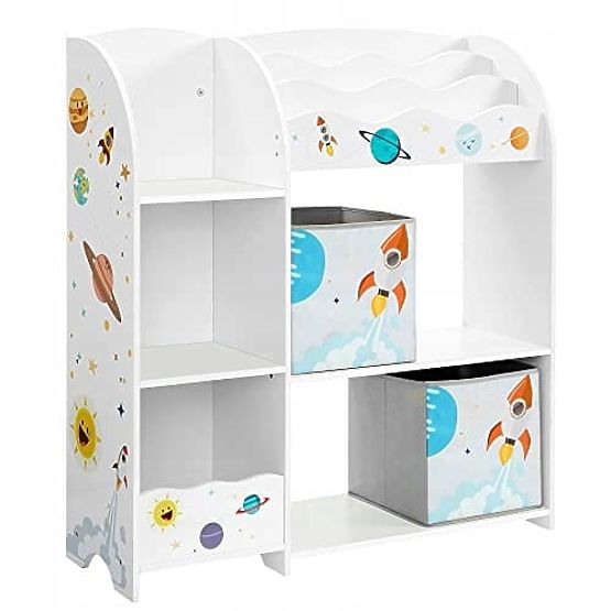 Scaffale per giocattoli armadietto per bambini 5 ripiani 2 scatole di stoccaggio scomparti per libri