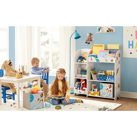 Scaffale per giocattoli armadietto per bambini 5 ripiani 2 scatole di stoccaggio scomparti per libri