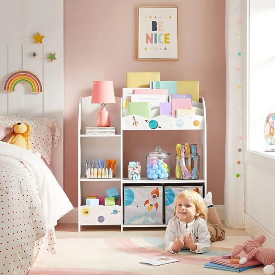 Scaffale per giocattoli armadietto per bambini 5 ripiani 2 scatole di stoccaggio scomparti per libri
