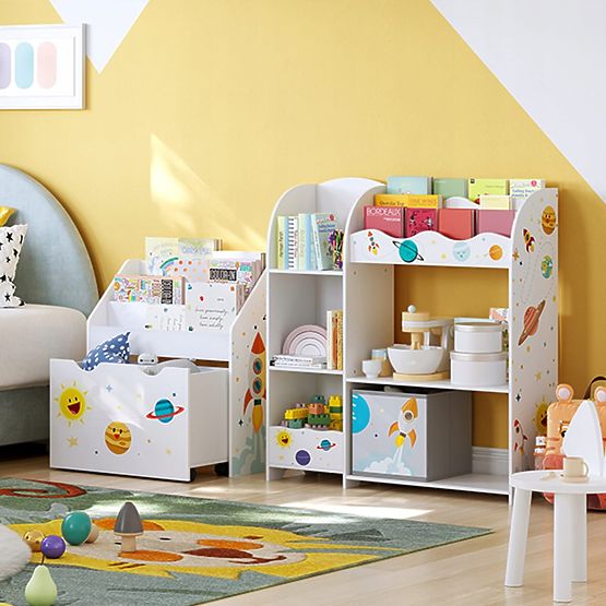 Scaffale per giocattoli armadietto per bambini 5 ripiani 2 scatole di stoccaggio scomparti per libri