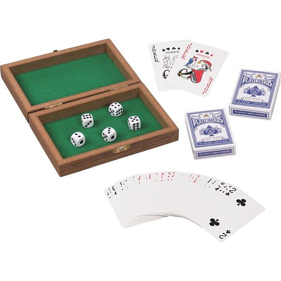 Scatola da gioco con carte e dadi