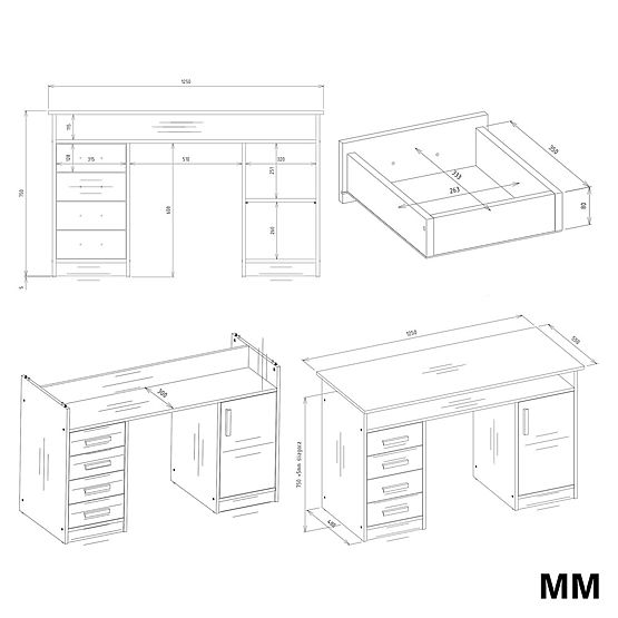SCRIVANIA ADA ROVERE ARTISAN 125 Cm 4 Cassetti Armadietto Ripiani per Ufficio Camera per Laptop
