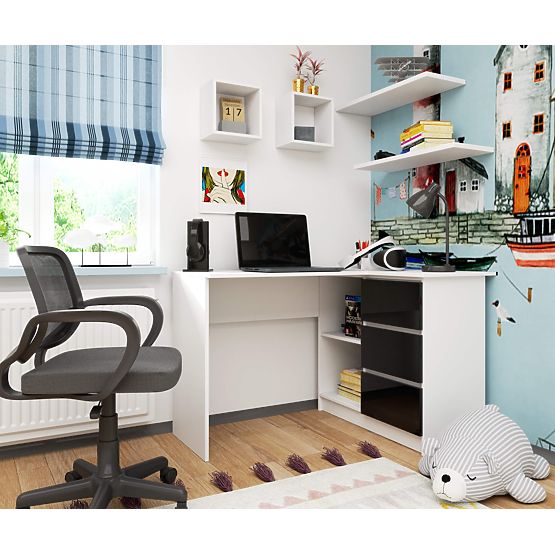 SCRIVANIA ANGOLARE B16 124 cm DESTRA 3 CASSETTI PK BIANCO / NERO LUCIDO