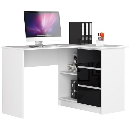 SCRIVANIA ANGOLARE B16 124 cm DESTRA 3 CASSETTI PK BIANCO / NERO LUCIDO