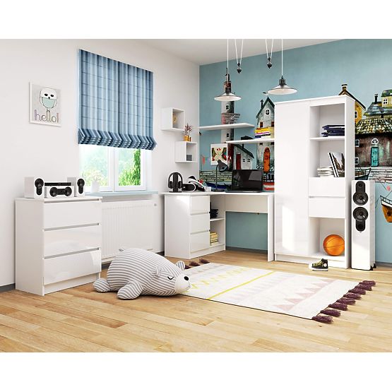 SCRIVANIA ANGOLARE B16 124 cm SINISTRA 3 CASSETTI PK BIANCO / BIANCO LUCIDO