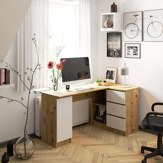 Scrivania angolare B20 155 cm destra - PK rovere artisan-bianco - 3 cassetti
