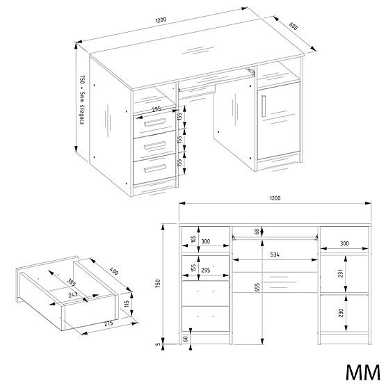 SCRIVANIA DELTA ROVERE ARTISAN 120 cm 3 Cassetti Armadietto Scaffale per Ufficio Camera per Laptop