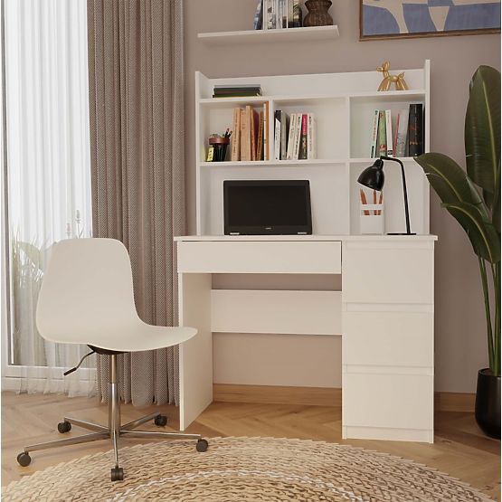 Scrivania MIJAS Destra con Sopralzo Bianco Opaco 4 Cassetti 4 Scaffali per Ufficio Camera
