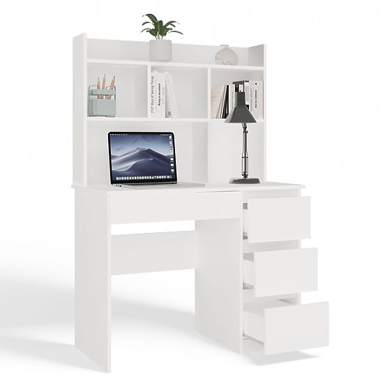 Scrivania MIJAS Destra con Sopralzo Bianco Opaco 4 Cassetti 4 Scaffali per Ufficio Camera